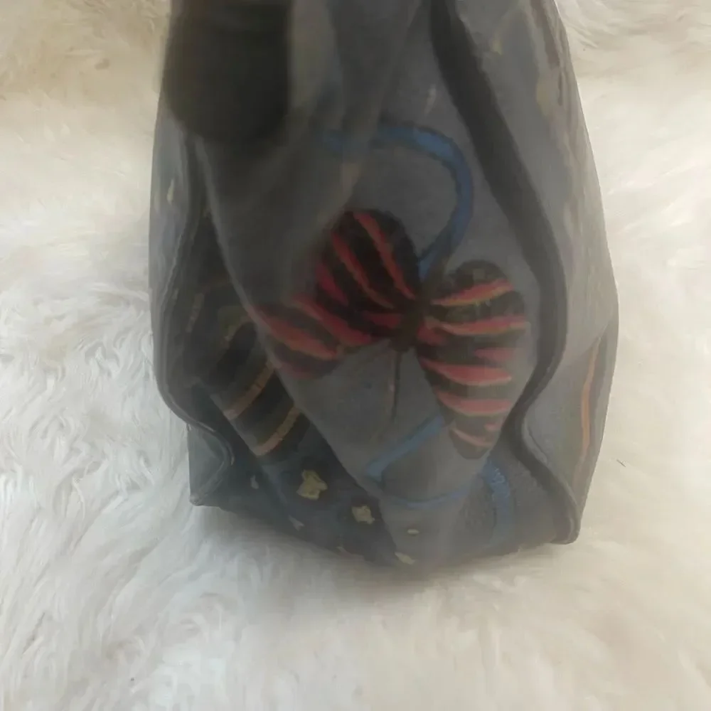 Hand-Painted Floral Leather Tote Bag - Gray